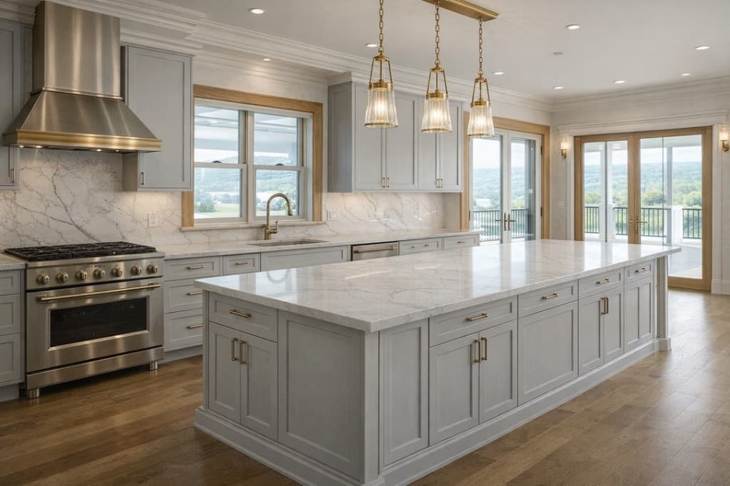Modern kitchen renovation with light gray cabinetry, marble countertops, and gold accents