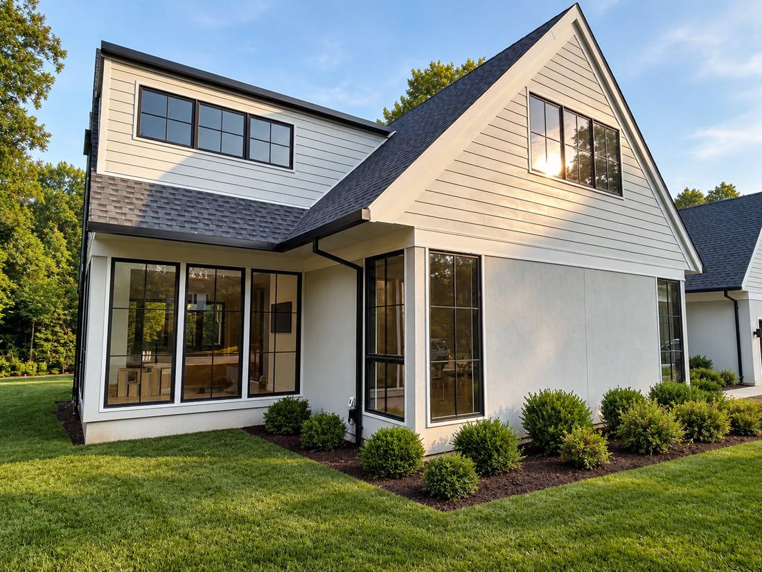 Two-story addition with white siding and black-framed windows