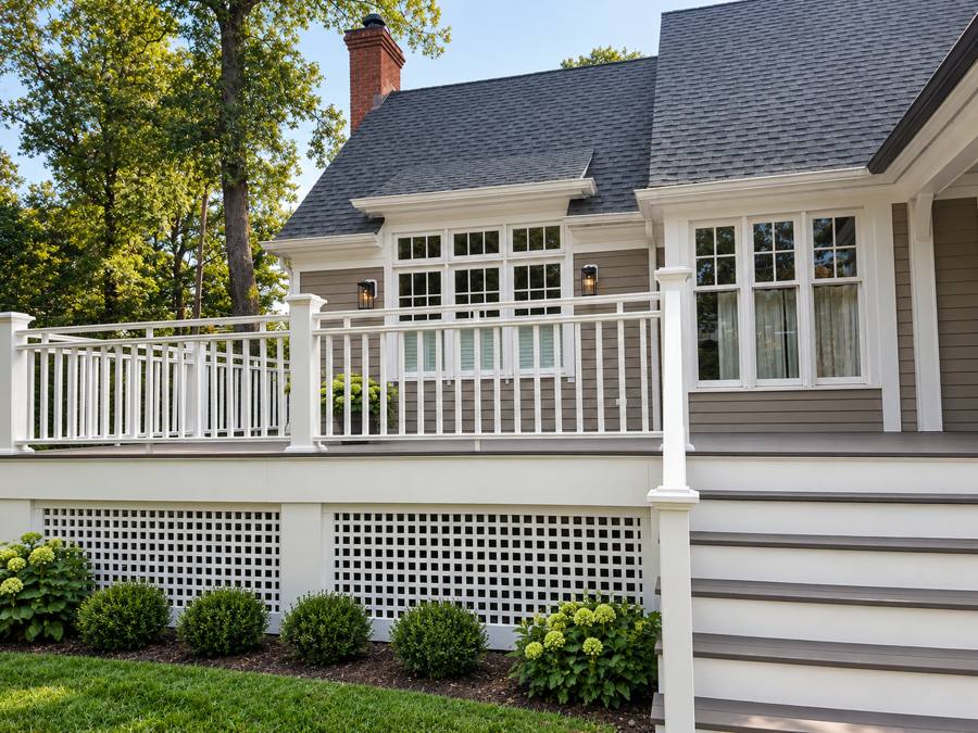 Raised deck with white railings and wide stairs